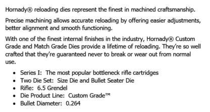 HORNADY CUSTOM GRADE DIE SET 6.5 GRENDEL (.264in) - Image 2