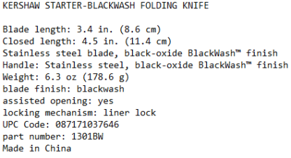 KERSHAW STARTER-BLACKWASH FOLDING KNIFE - Image 2