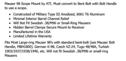 ATI MAUSER 98 SCOPE MOUNT - Image 2