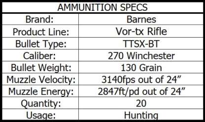 BARNES VOR-TX 270 WIN 130gr TTSX BT 3140fps 20pk - Image 3