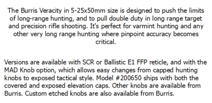 BURRIS VERACITY 5-25x50mm BALLISTIC E1 FFP SCOPE - Image 4