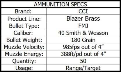 CCI BLAZER 40 S&W 180gr FMJ BRASS 985fps 50pk - Image 2