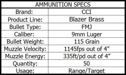 CCI BLAZER BRASS 9mm LUGER 115gr FMJ 1145fps 50pk - Image 2