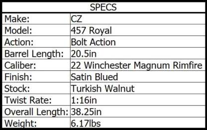 CZ 457 ROYAL 22 WMR 1/2x20 WALNUT 20in 5rnd - Image 3