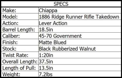 CHIAPPA 1886 RIDGE RUNNER RIFLE 45-70 GOVT TAKEDOWN 18.5in 4rnd - Image 2