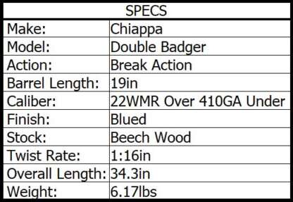 CHIAPPA 22WMR/410ga DOUBLE BADGER OVER/UNDER 19in 2rnd - Image 4