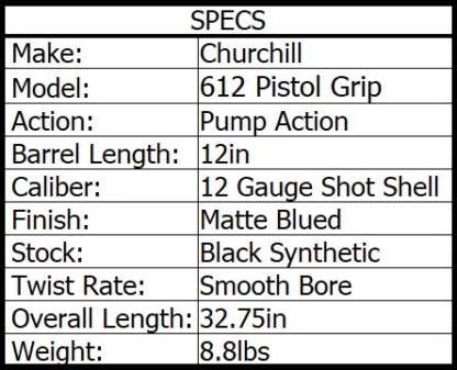 CHURCHILL 612 PG 12ga PISTOL GRIP 12in 4rnd - Image 2