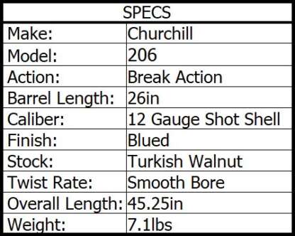 CHURCHILL 206 12ga X 3in OVER/UNDER 26in 4rnd - Image 2