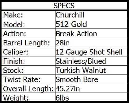 CHURCHILL 512 SXS 12ga X 3in GOLD STD WALNUT 28in 2rnd - Image 2
