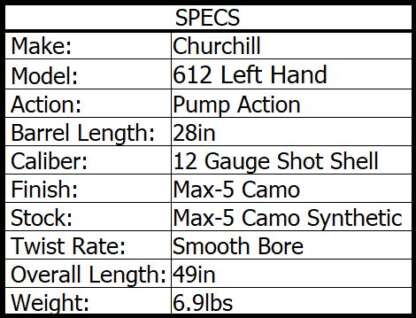 CHURCHILL 612 LEFT HAND 12ga CAMO PUMP SHOTGUN 28in 4rnd - Image 2