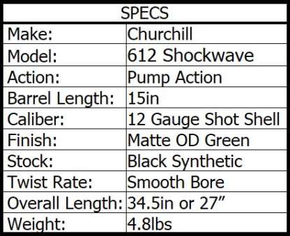 CHURCHILL 612 SHOCKWAVE OD 12ga W/FREE SCABBARD 15in 4rnd - Image 2