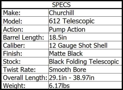 CHURCHILL 612 PUMP 12ga TELESCOPIC 18.5in 6rnd - Image 2