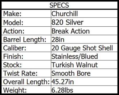 CHURCHILL 820 20ga 3in SILVER OVER/UNDER 28in 2rnd - Image 2