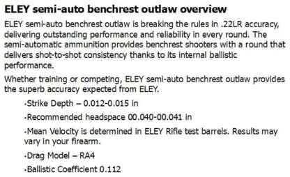 ELEY SEMI-AUTO BENCHREST OUTLAW 22LR 42gr LRN 1070fps 50pk - Image 3