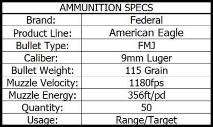 FEDERAL AE 9mm LUGER 115gr FMJ 1180fps 50pk - Image 3