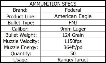 FEDERAL AE 9mm LUGER 124gr FMJ 1150fps 50pk - Image 3