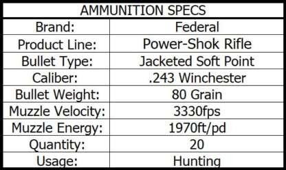 FEDERAL POWER-SHOK 243 WIN 80gr JSP 3330fps 20pk - Image 3