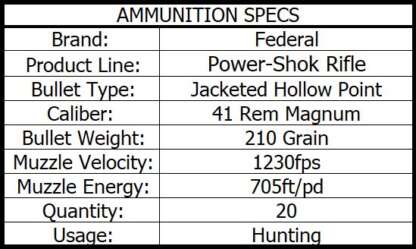 FEDERAL POWER-SHOK 41 REM MAG 210gr JHP 1230fps 20pk - Image 3