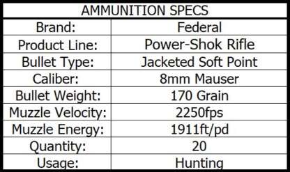 FEDERAL POWER-SHOK 8mm MAUSER 170gr JSP 2250fps 20pk - Image 3