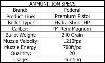 FEDERAL PREMIUM 44 REM MAG 240gr JHP 1210fps 20pk - Image 3