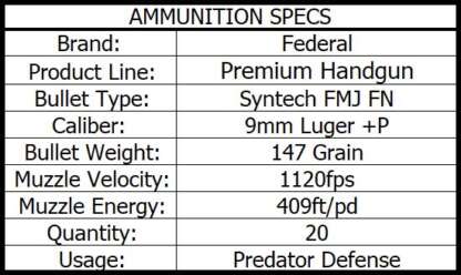 FEDERAL PREMIUM 9mm LUGER +P 147gr SYNTECH JACKET SOLID CORE 1120fps 20pk - Image 3