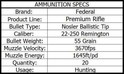 FEDERAL PREMIUM VITAL-SHOK 22-250 REM 55gr 3670fps 20pk - Image 3