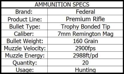 FEDERAL PREMIUM VITAL-SHOK 7MM REM MAG 160gr TROPHY BONDED 2900fps 20pk - Image 3