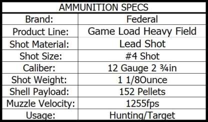 FEDERAL GAME LOAD 12ga #4 2.75in 1-1/8oz HEAVY FIELD 1255fps 25pk - Image 3