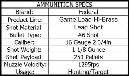 FEDERAL GAME LOAD 16ga #6 2.75in 1-1/8oz HI-BRASS 1295fps 25pk - Image 3