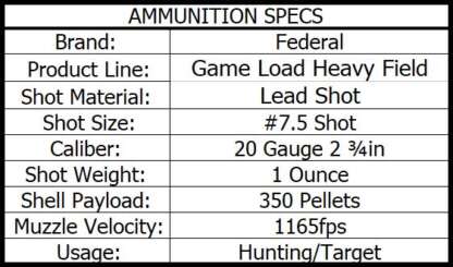 FEDERAL GAME LOAD 20ga #7.5 2.75in 1oz #7.5 HEAVY FIELD 1165fps 25pk - Image 3