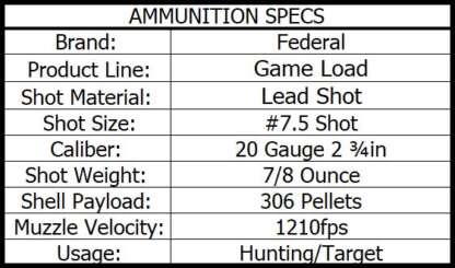 FEDERAL GAME LOAD 20ga #7.5 2.75in 7/8oz 1210fps 25pk - Image 3