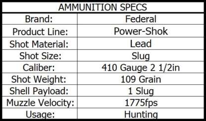 FEDERAL POWER SHOK .410ga 2.5in 1/4oz 109gr RIFLED HP SLUG 1775fps 5pk - Image 3