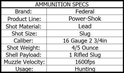 FEDERAL POWER-SHOK 16ga 2.75in 4/5oz 350gr RIFLED HP SLUG 1600fps 5pk - Image 3