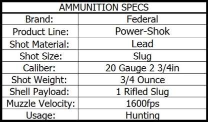 FEDERAL POWER-SHOK 20ga 2.75in 3/4oz 328gr RIFLED HP SLUG 1600fps 5pk - Image 3