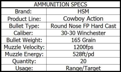 HSM COWBOY ACTION 30-30 WIN 165gr RNFP 1550fps 20pk - Image 3