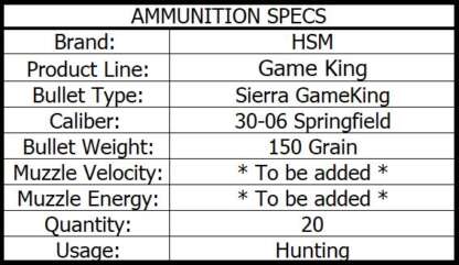 HSM GAMEKING 30-06 SPRG 150gr SBT SP 20pk 3000fps - Image 3