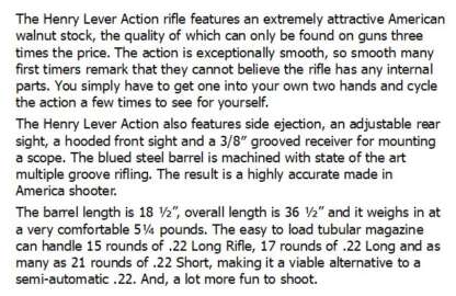 HENRY H001LL LARGE LOOP LEVER 22 S/L/LR 18.5in 15rnds - Image 3