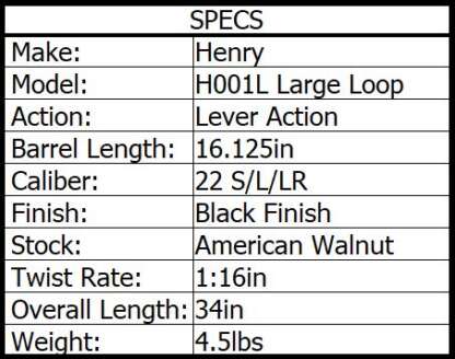 HENRY H001L LARGE LOOP LEVER 22LR 16.125in 12rnd - Image 4