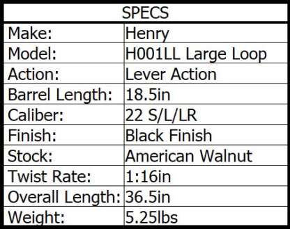 HENRY H001LL LARGE LOOP LEVER 22 S/L/LR 18.5in 15rnds - Image 4