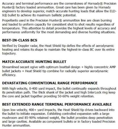 HORNADY PRECISION HUNTER 6.5 CREEDMOOR 143gr ELD-X 2700fps 20pk - Image 2