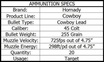 HORNADY COWBOY 45 COLT 255gr LRN 725fps 20pk - Image 4