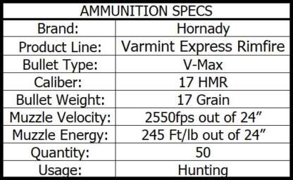 HORNADY 17 HMR 17gr V-MAX 2550fps 50pk - Image 4