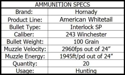 HORNADY AW 243 WIN 100gr INTERLOCK 2960fps 20pk - Image 4