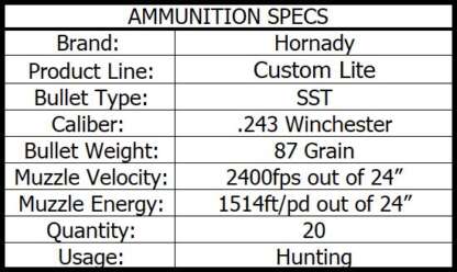 HORNADY CUSTOM LITE 243 WIN 87gr SST 2800fps 20pk - Image 4