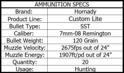 HORNADY CUSTOM LITE 7mm-08 REM 120gr SST 2675fps 20pk - Image 4