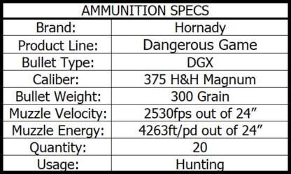 HORNADY DANGEROUS GAME 375 H&H 300gr DGX BONDED 2530fps 20pk - Image 3