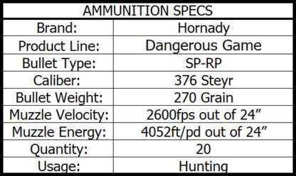 HORNADY DANGEROUS GAME 376 STEYR 270gr SP-RP 2600fps 20pk - Image 3