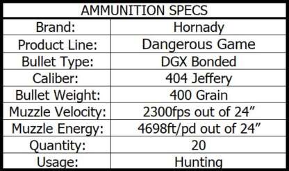 HORNADY DANGEROUS GAME 404 JEFFERY 400gr DGX 2300fps 20pk - Image 3