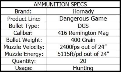 HORNADY DANGEROUS GAME 416 REM 400gr DGS 2400fps 20pk - Image 4