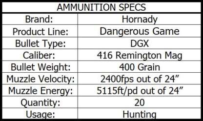 HORNADY DANGEROUS GAME 416 REM 400gr DGX 2400fps 20pk - Image 3